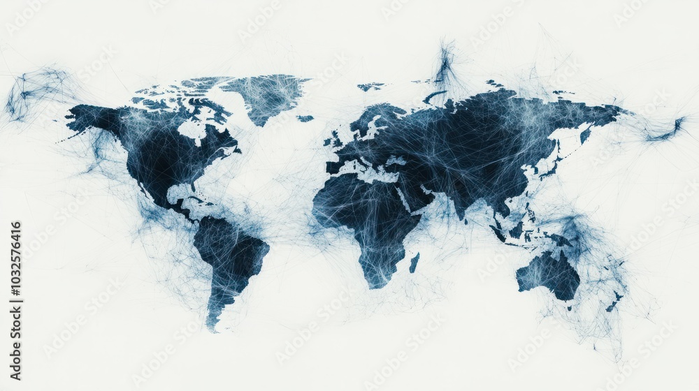 Poster abstract world map with connected lines, representing global network and communication.