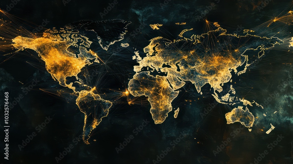 Poster abstract world map with connected lines, representing global network and communication.
