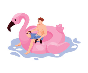 Man Character on Inflatable Rubber Ring or Circle Vector Illustration