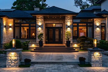Elegant Modern Home Entrance Illuminated at Dusk