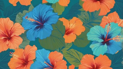 Tropical hibiscus flowers and lush green leaves are beautifully displayed in this vibrant image.