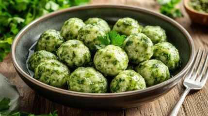 Obraz premium A bowl of green gnocchi on a wooden table.