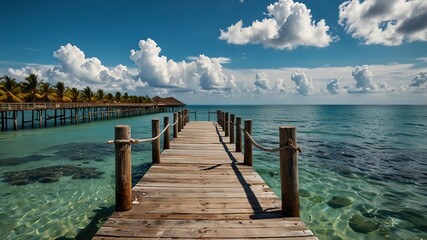 Breathtaking aerial view of a wooden pier on a tropical beach, embraced by lush palm trees and a serene blue sky, perfect for summer relaxation.