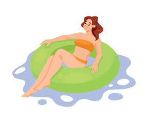 Woman Character on Inflatable Rubber Ring or Circle Vector Illustration