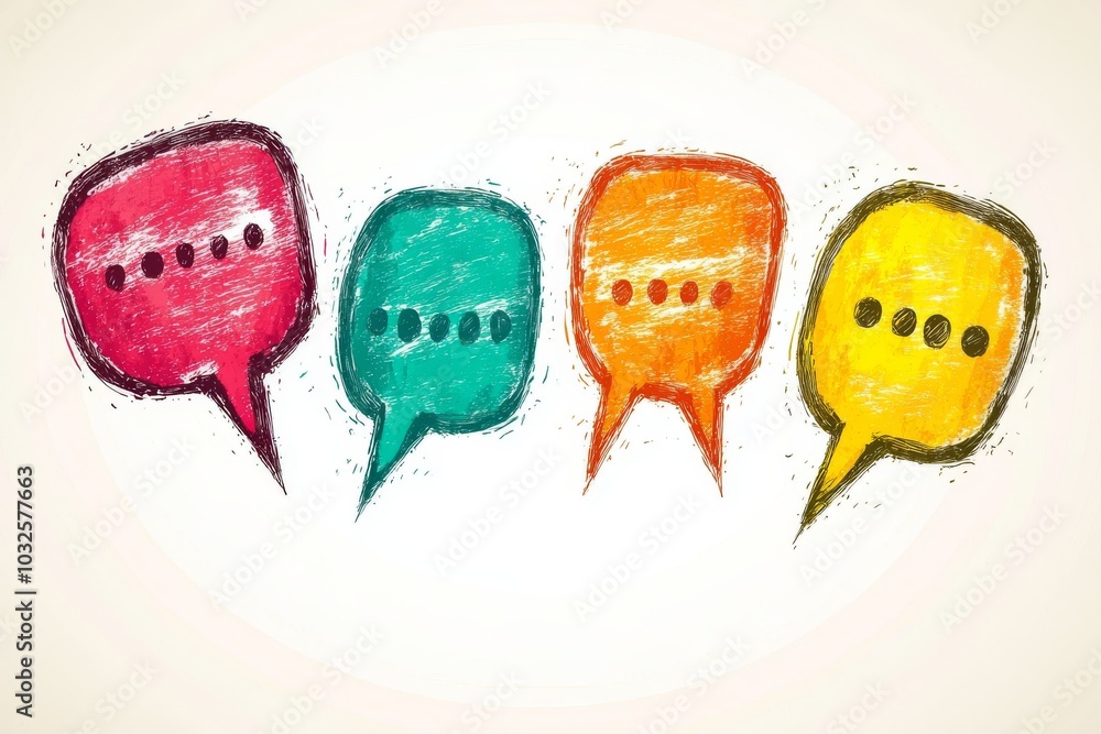 Poster colorful speech bubbles with textured edges on a white background symbolizing communication dialogue