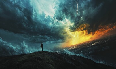 Fototapeta premium Silhouette stands on a hill, watching a stormy sky.