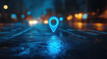 Blue location symbol pin icon sign or navigation locator map travel gps direction pointer and marker place position point design element on route graphic road mark destination background. 3D render.