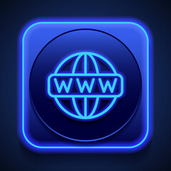 World wide web icon vector. Flat design. Blue neon style on button. With shadow