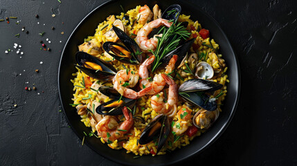 Valencian-style Seafood Paella shines against a black background, featuring golden saffron rice, chicken, shrimp, mussels, clams, and rosemary, with aioli sauce for added flair.