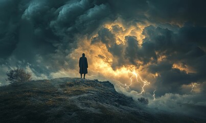 Obraz premium A cloaked figure stands on a hilltop, facing a stormy