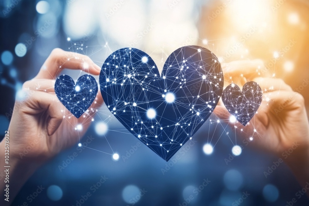 Aufkleber hands holding a glowing digital heart composed of small data nodes symbolizing love technology and t