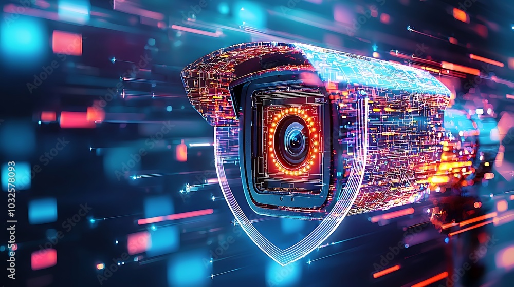 Poster glowing security camera with privacy shield effect