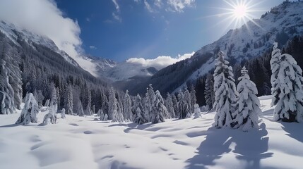 Obraz premium Panoramic view down snow covered valley in alpine mountain range