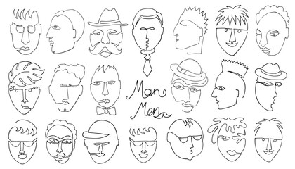 Men faces hand drawn minimal continuous one line. Minimalist Simple Linear vector illustration set of men portraits design.