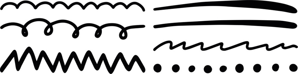 Set of line patterns, decorative wavy, zigzag, dotted, and curved lines, black marker style, abstract border elements, sketch style graphic design