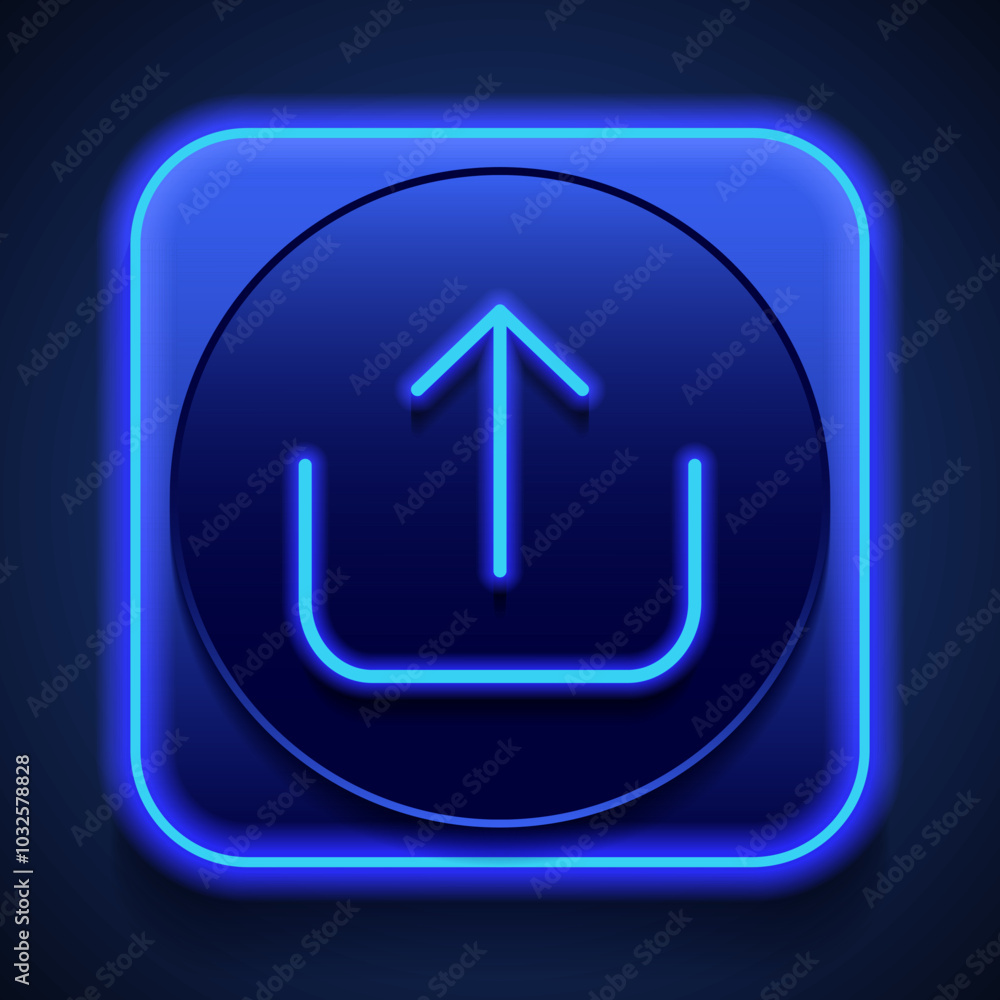 Poster upload simple icon vector. flat desing. blue neon style on button. with shadow