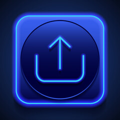 Upload simple icon vector. Flat desing. Blue neon style on button. With shadow