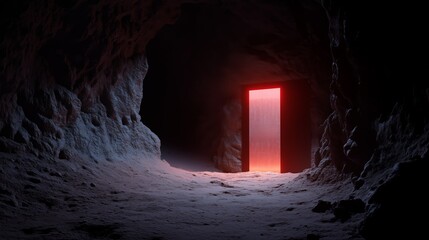 Mysterious red-lit door in a dark cave interior at dusk invites exploration and contemplation of hidden secrets
