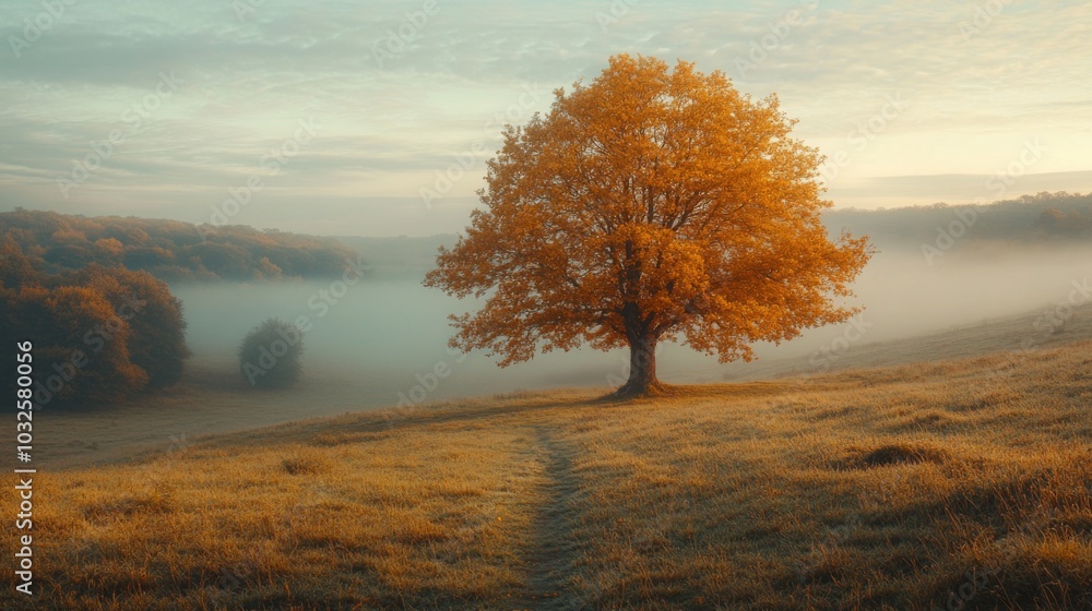 Poster a lone tree with bright orange foliage rises majestically in a serene countryside at dawn. mist enve