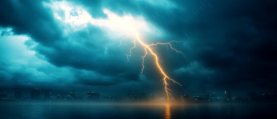Fototapeta premium Dramatic lightning strikes over a dark, stormy sky reflecting in the water.