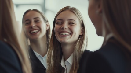 Obraz premium Group of smiling young women engaged in a joyful conversation.