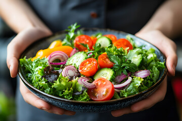 Hands holding a bowl of fresh vegetable salad with cherry tomatoes, cucumbers, red onions, and lettuce, healthy organic food, vegan meal, nutritious diet, clean eating, farm fresh