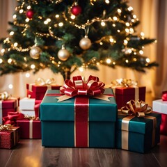 Fototapeta premium Festively wrapped gifts surrounded by colorful Christmas balls under a beautifully decorated spruce tree during the joyous New Year season. Generative AI
