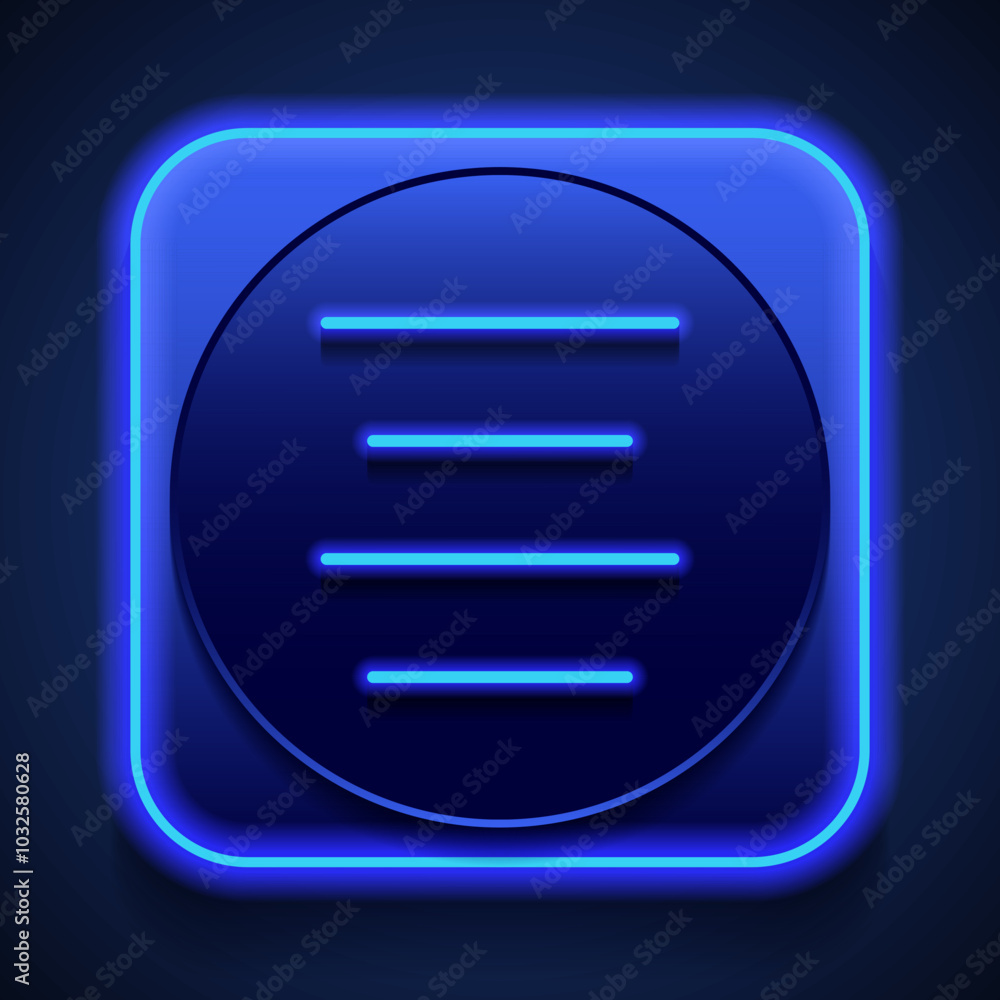 Poster text alignment icon, vector. flat design. blue neon style on button. with shadow