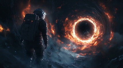 Fototapeta premium Astronaut Confronts Cosmic Abyss Near Swirling Black Hole