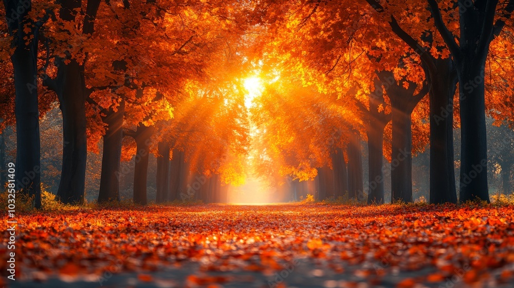 Poster sunlight streams through the branches of tall trees, casting a warm golden glow over a tranquil path