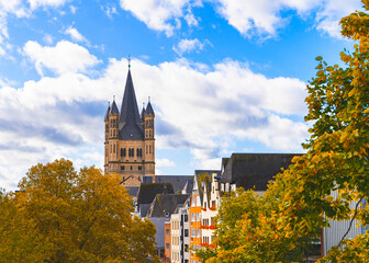 Tower of The Great Saint Martin Church, Gross Sankt Martin, in Cologne, Germany.