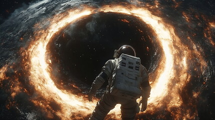 Fototapeta premium Astronaut Confronts Cosmic Abyss Near Swirling Black Hole