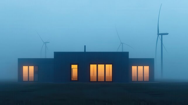 Modern house with wind turbines in foggy landscape.