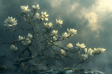 Ethereal Magnolia Blossoms in a Dreamy Landscape