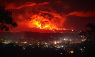 Naklejka premium Volcanic eruption illuminates night sky over town.
