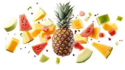 Fresh fruits flying on transparent background