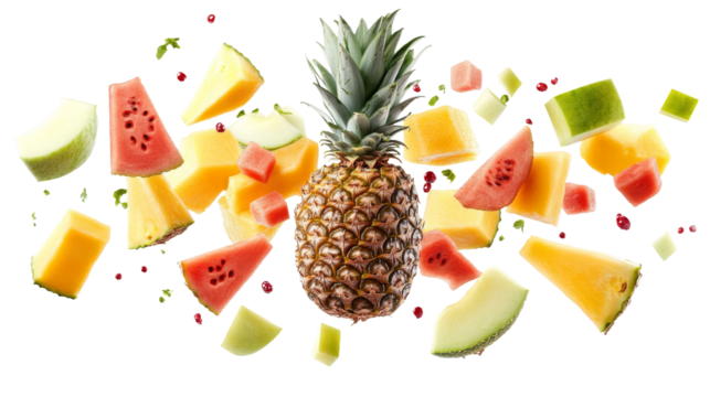 Fresh fruits flying on transparent background