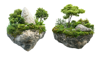 Two small, floating islands with lush greenery, rocks, and trees isolate on transparent background, cutout, png