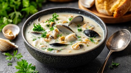 Steaming bowl of flavorful clam soup with fresh clams 