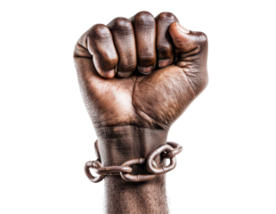 Clenched fist with chains around the wrist isolate on transparent background, symbolizing struggle and resistance, cutout, png