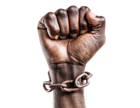 Clenched fist with chains around the wrist isolate on transparent background, symbolizing struggle and resistance, cutout, png