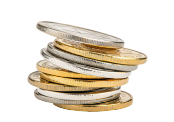 Stack of silver and gold coins, isolate on transparent background, cutout, png