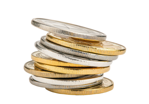 Stack of silver and gold coins, isolate on transparent background, cutout, png