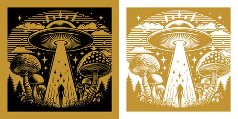 an ufo with a girl in the mushroom forest