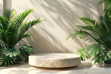 Serene Indoor Space with Natural Elements and Soft Shadows