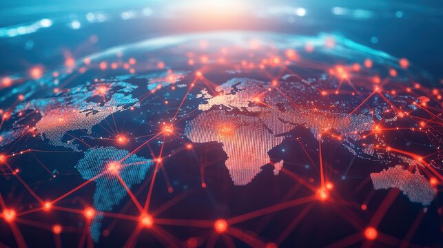 Global network of interconnected digital lines and nodes forming a futuristic world map, highlighting technological advancements and data exchange across the globe.