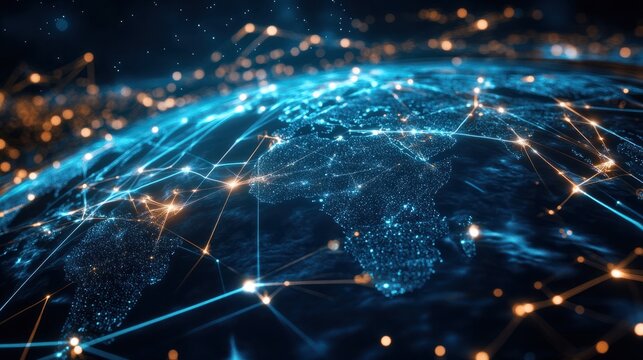 Global network of interconnected digital lines and nodes forming a futuristic world map, highlighting technological advancements and data exchange across the globe. - Powered by Adobe