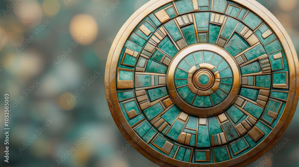 Poster abstract circular design with geometric patterns and teal and gold colors, set against a softly blur