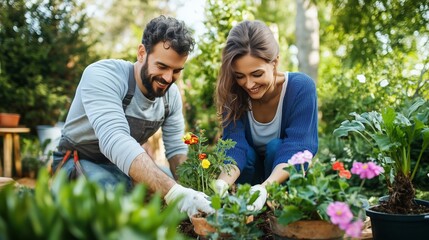 Couple gardening together in a lush outdoor setting filled with colorful flowers and greenery during a sunny afternoon