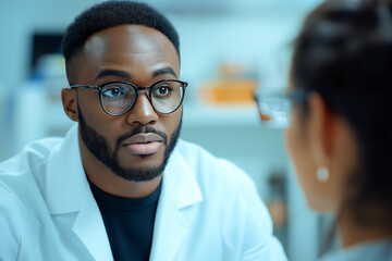 Fototapeta premium Afro American Male Medical Professional Engaging in Patient Consultation at Healthcare Clinic. Perfect for health, doctor-patient relationships, and medical services.